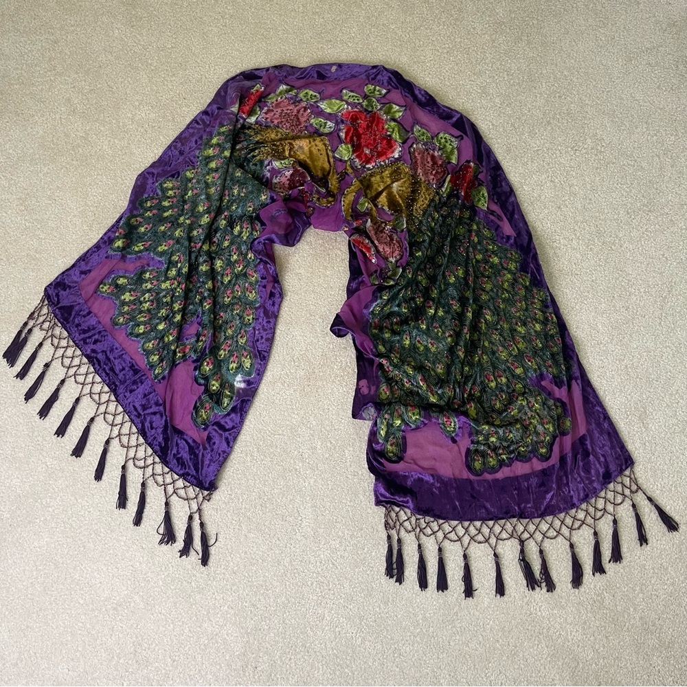 Peacock Velvet Silk Blend Burnout Wrap Scarf Shawl - beaded vintage purple - Picture 4 of 15